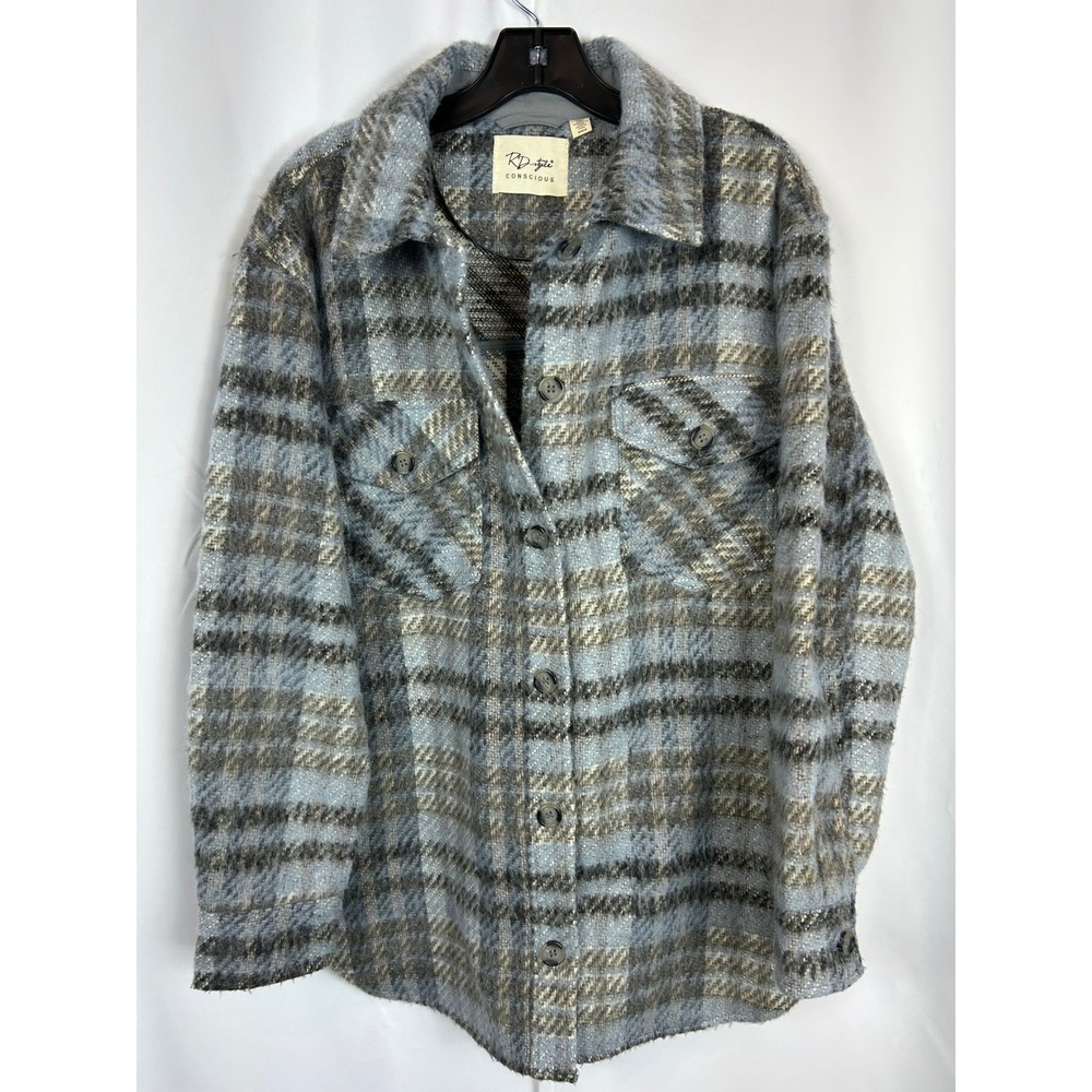 RD Style Conscious Blue Grey Plaid Shacket Button Up Jacket Cabincore Medium